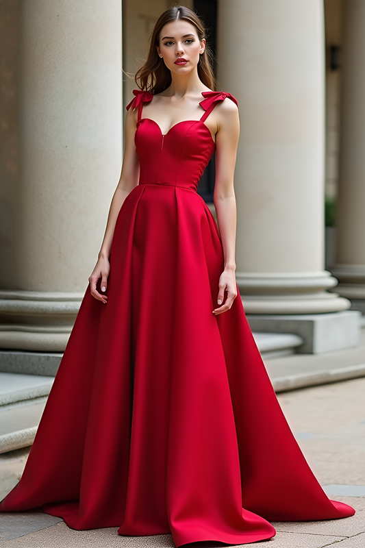 Ball Gown Red Satin Sweetheart Long Prom Dress