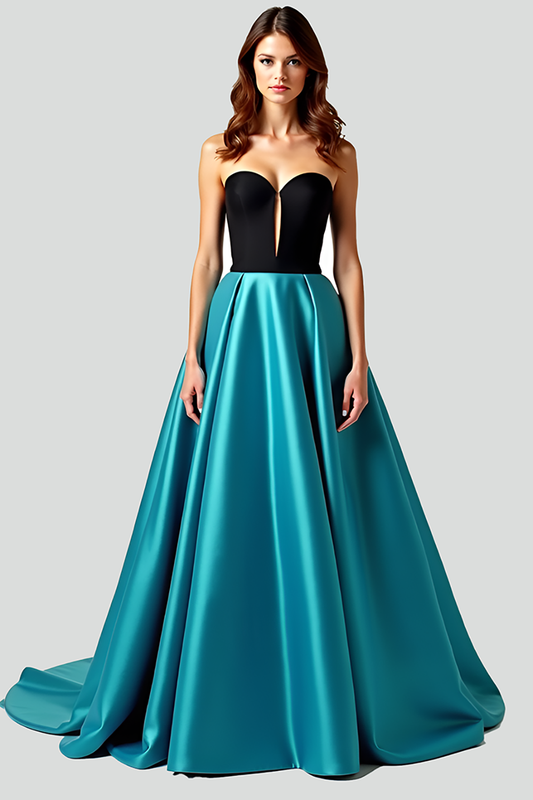 Black Peacock Blue A Line Strapless Ruched Long Prom Dress