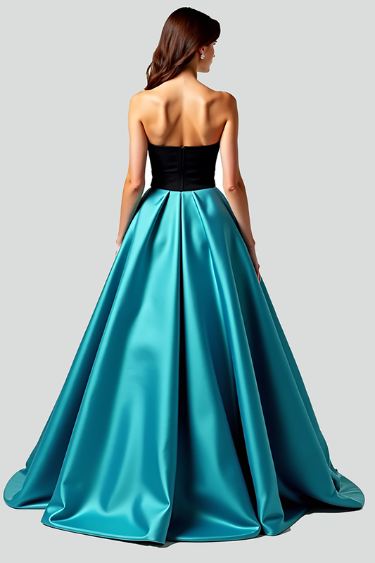Black Peacock Blue A Line Strapless Ruched Long Prom Dress