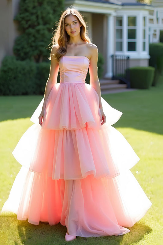Ball Gown Pink Tiered Strapless Long Prom Dress with Ruffles