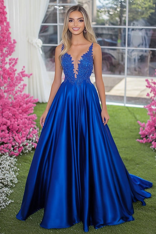Lace Appliqued Royal Blue Ruched Long Prom Dress