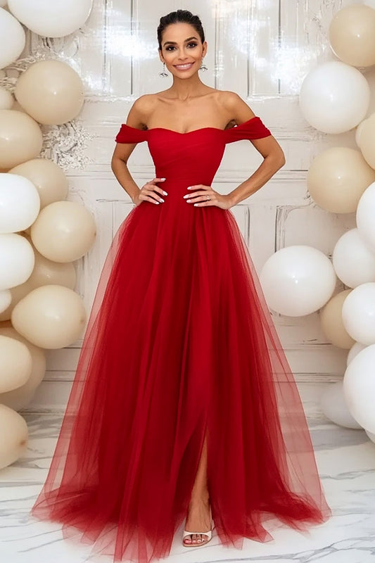 Off the Shoulder Red Tulle Ruched Long Prom Dress