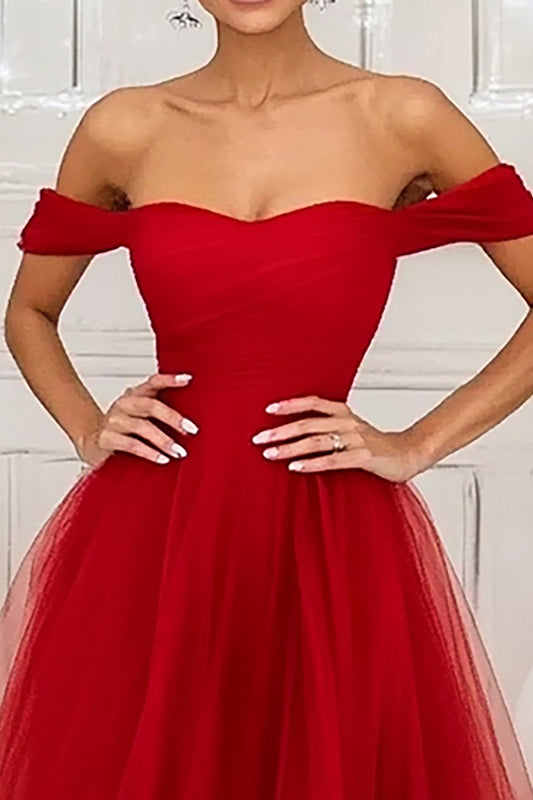 Off the Shoulder Red Tulle Ruched Long Prom Dress