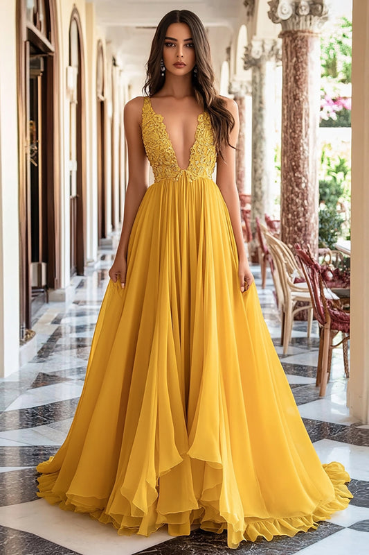 Ball Gown Yellow Deep V-Neck Ruched Long Prom Dress