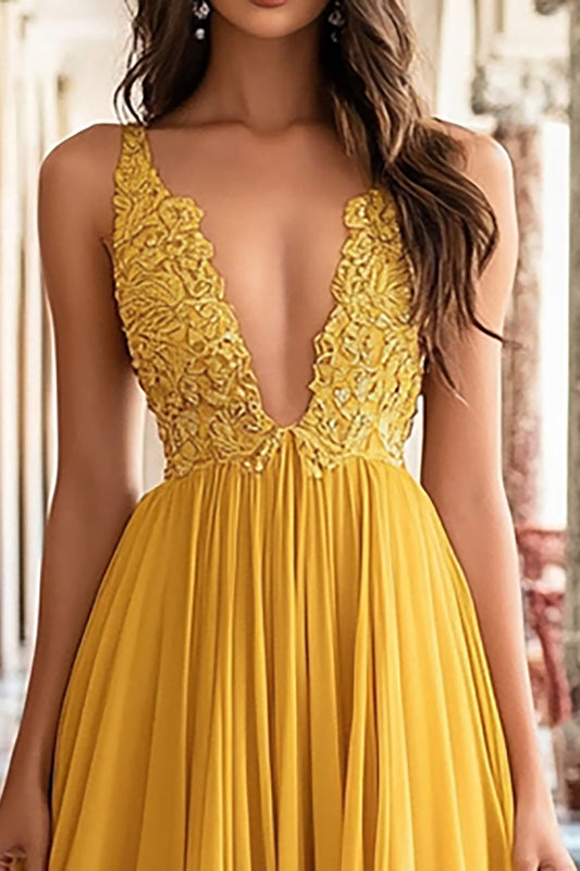 Ball Gown Yellow Deep V-Neck Ruched Long Prom Dress