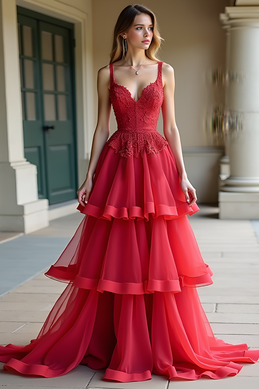 Lace Red A Line Tiered V-Neck Long Prom Dress