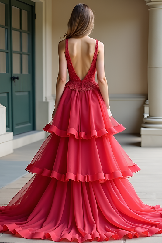 Lace Red A Line Tiered V-Neck Long Prom Dress