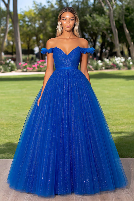 Royal Blue Ball Gown Off the Shoulder Long Prom Dress