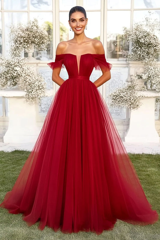 A Line Tulle Red Off the Shoulder Long Prom Dress