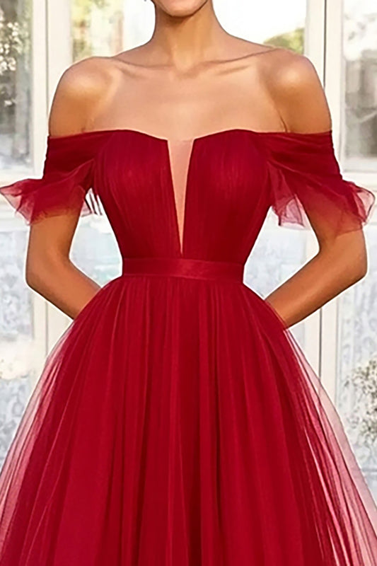 A Line Tulle Red Off the Shoulder Long Prom Dress