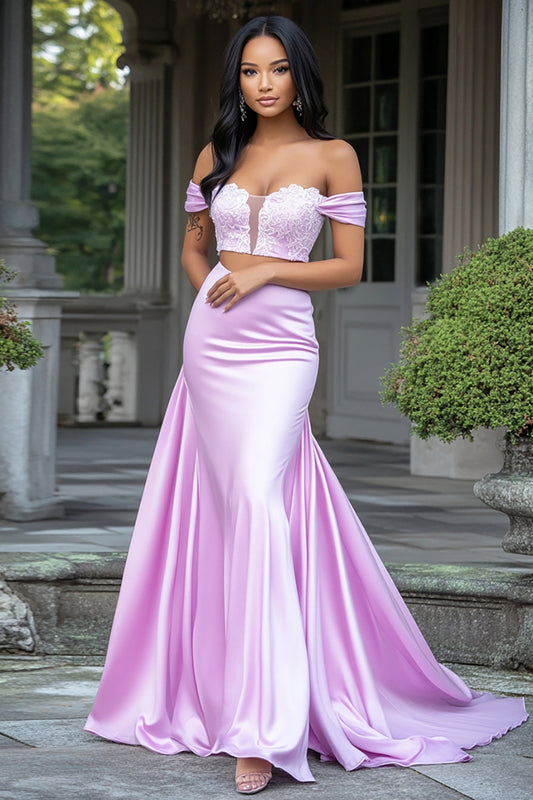 Off the Shoulder Lilac Lace Satin Long Prom Dress