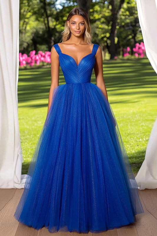 A Line Tulle Royal Blue V-Neck Long Prom Dress