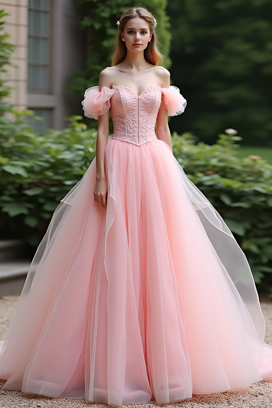 Pink Ball Gown Tulle Lace Long Prom Dress with Ruffles