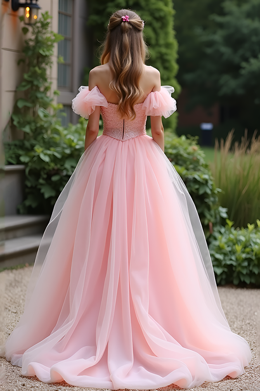 Pink Ball Gown Tulle Lace Long Prom Dress with Ruffles