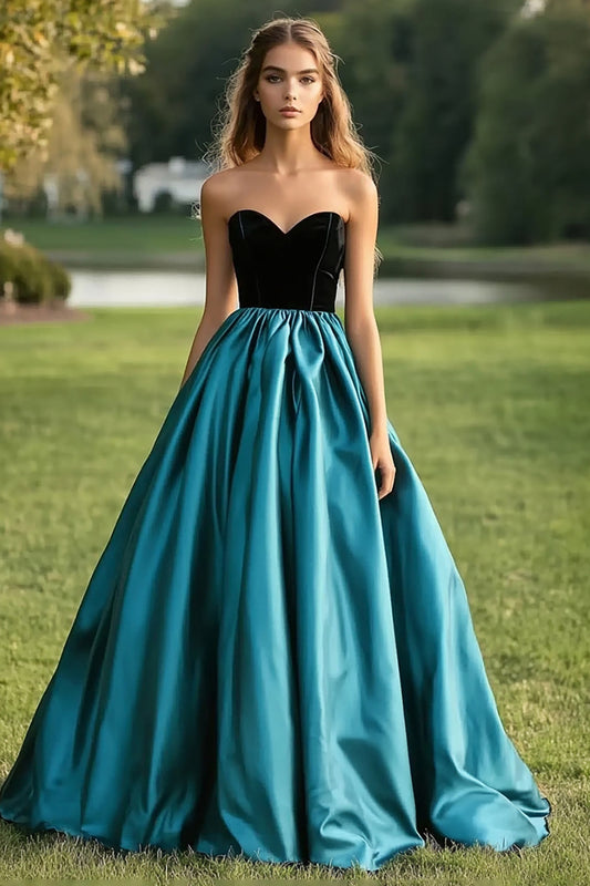 Black Peacock Blue Ball Gown Satin Ruched Long Prom Dress