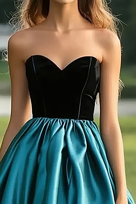 Black Peacock Blue Ball Gown Satin Ruched Long Prom Dress