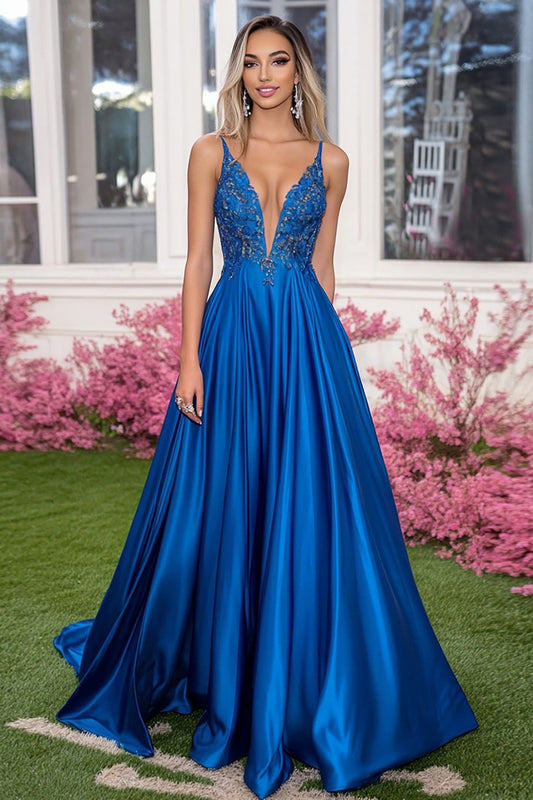 Lace Royal Blue Deep V-Neck Long Prom Dress