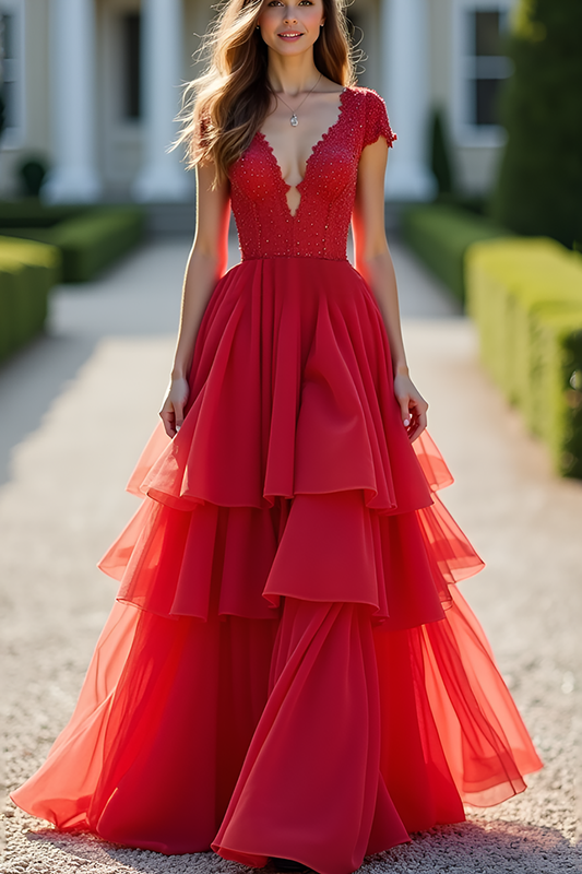 A Line Tiered Red Lace Deep V-Neck Long Prom Dress