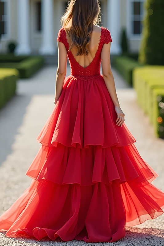 A Line Tiered Red Lace Deep V-Neck Long Prom Dress
