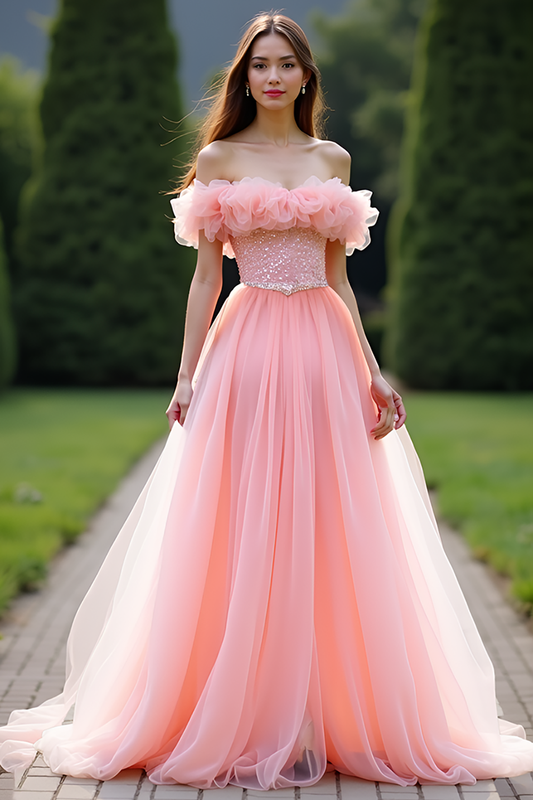 Off the Shoulder Pink A Line Ruched Long Prom Dress