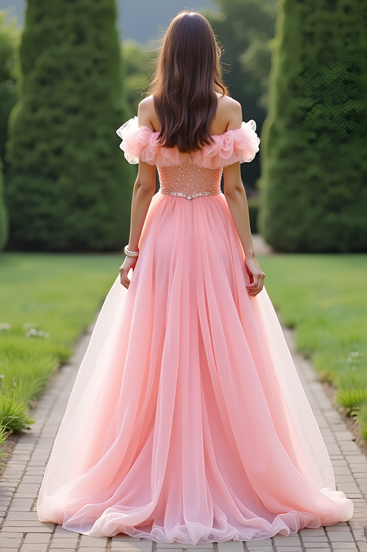 Off the Shoulder Pink A Line Ruched Long Prom Dress