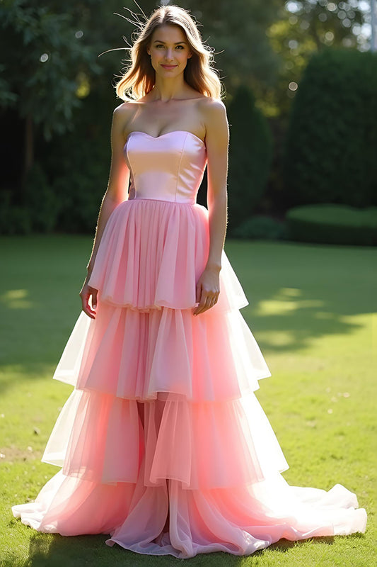 Pink Strapless Tiered A Line Long Prom Dress