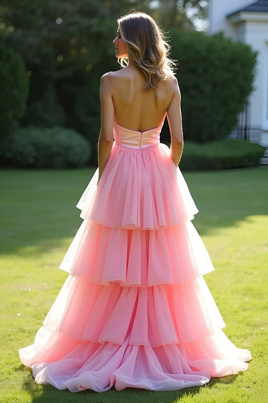 Pink Strapless Tiered A Line Long Prom Dress