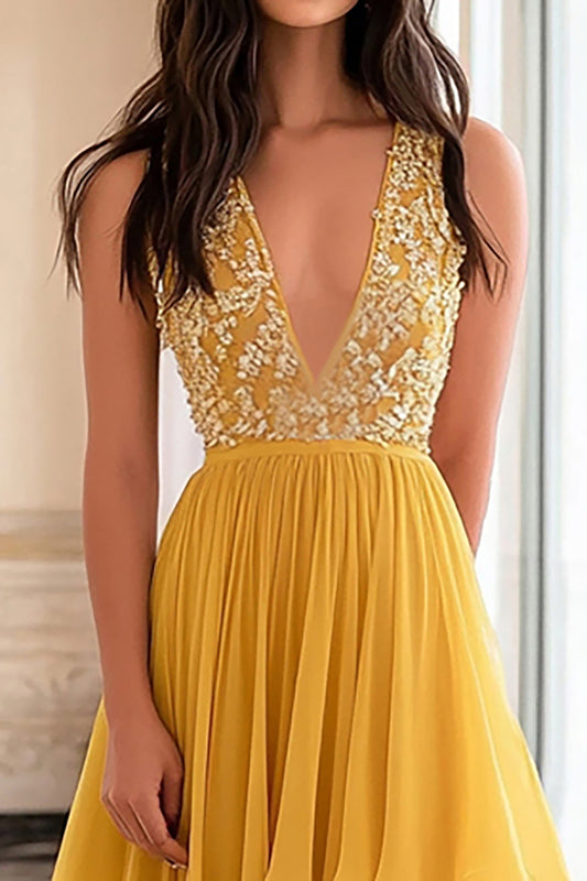 Yellow Deep V-Neck A Line Long Prom Dress with Appliques