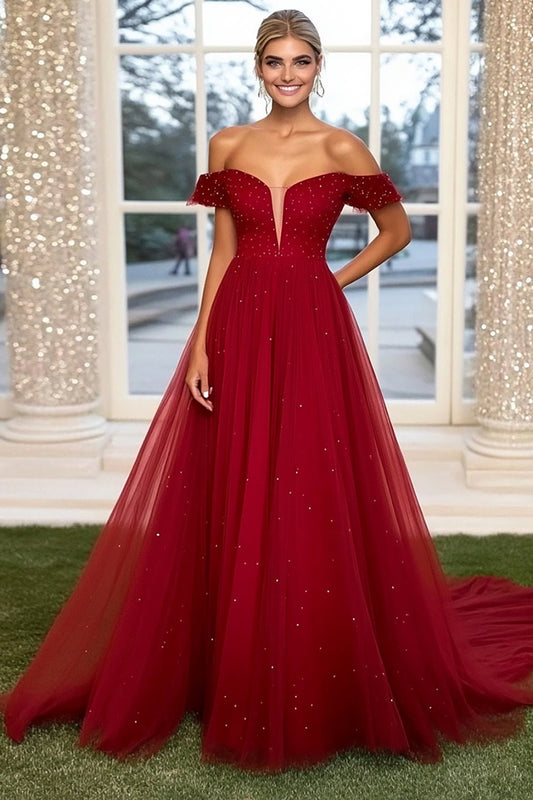 Beaded Burgundy Off the Shoulder Long Prom Dress