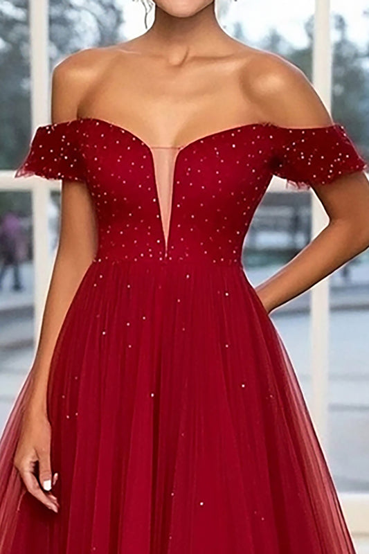 Beaded Burgundy Off the Shoulder Long Prom Dress