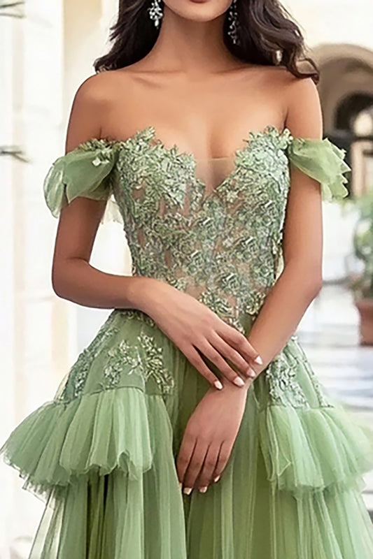Appliqued Dusty Sage Off the Shoulder Long Prom Dress