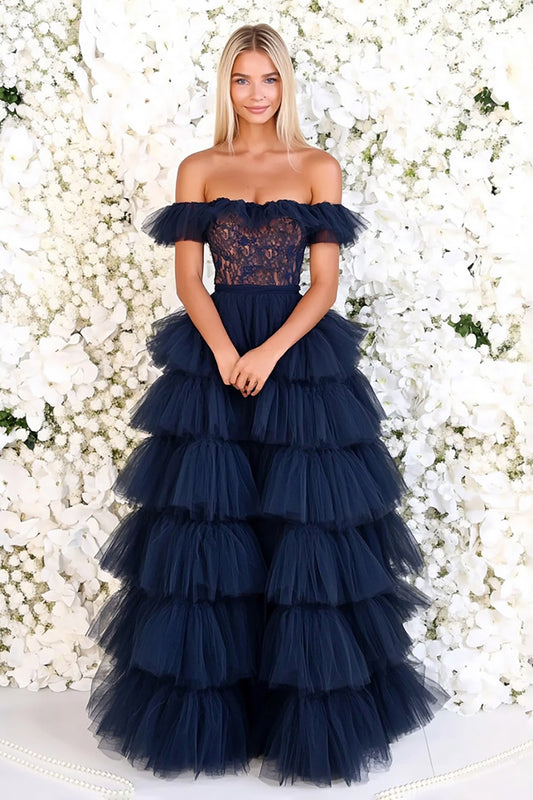 Navy Off the Shoulder Lace Tulle Long Prom Dress
