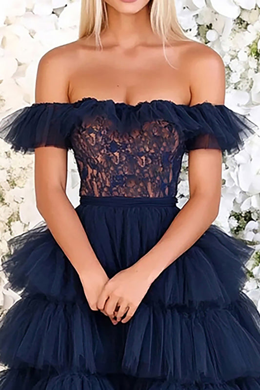 Navy Off the Shoulder Lace Tulle Long Prom Dress