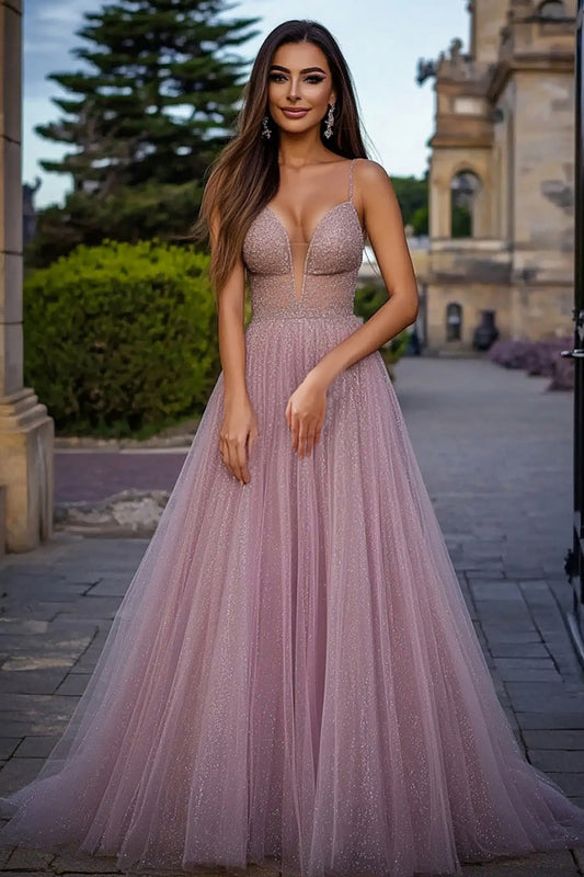 A Line Dusty Rose Spaghetti Straps Glitter Long Prom Dress