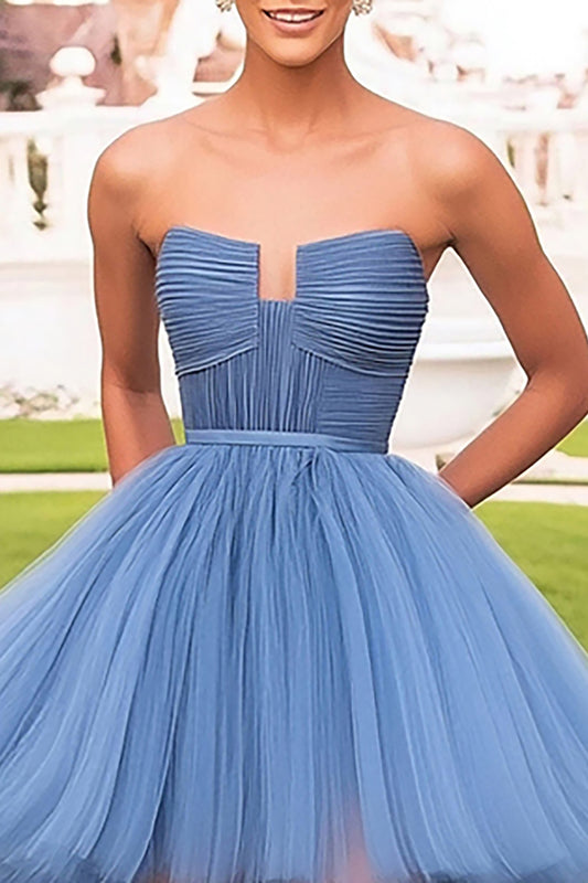 Tiered Grey Blue Tulle Strapless High-Low Prom Dress