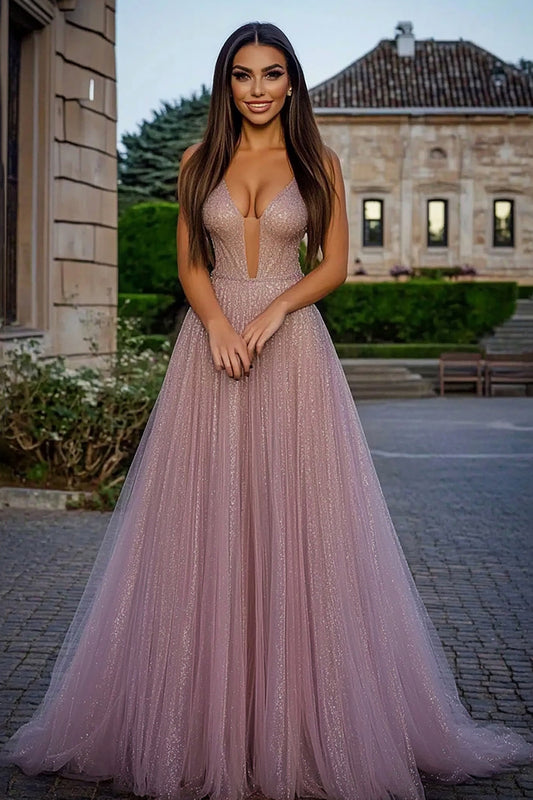 Glitter Dusty Rose V-Neck Tulle Long Prom Dress