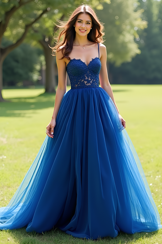 Lace Navy Spaghetti Straps Tulle Long Prom Dress