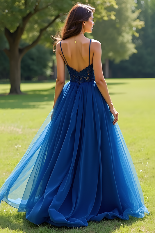 Lace Navy Spaghetti Straps Tulle Long Prom Dress