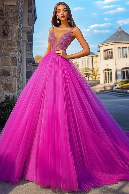 Sparkly Ball Gown Fuchsia V-Neck Long Prom Dress with Beading