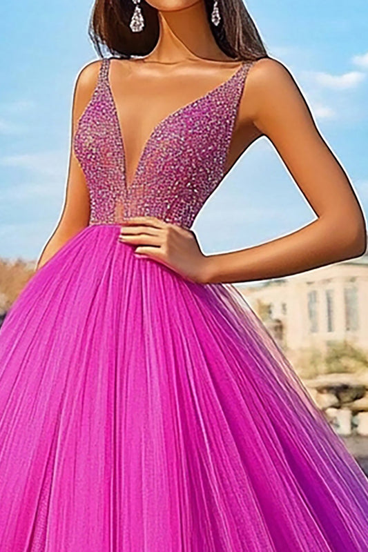 Sparkly Ball Gown Fuchsia V-Neck Long Prom Dress with Beading