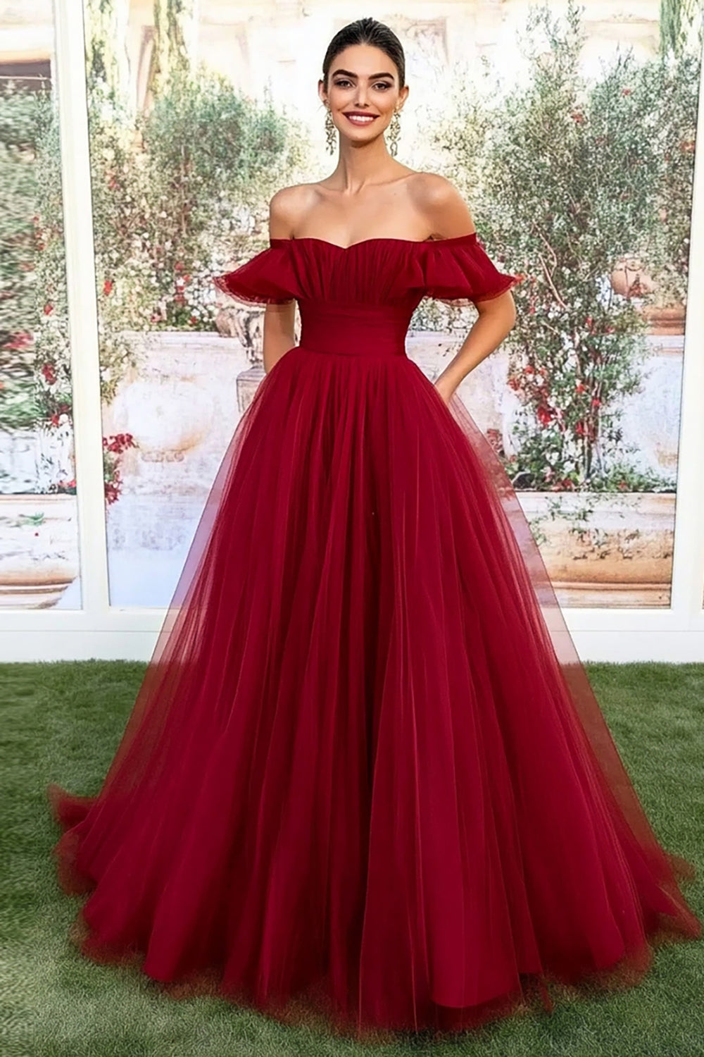 ZAPAKASA Women Ball Gown Burgundy Tulle Long Prom Dress Off the Shoulder Ruched Floor Length Formal Dress