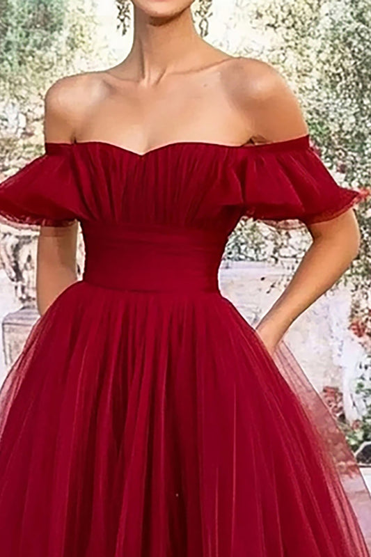 Ball Gown Burgundy Off the Shoulder Tulle Long Prom Dress