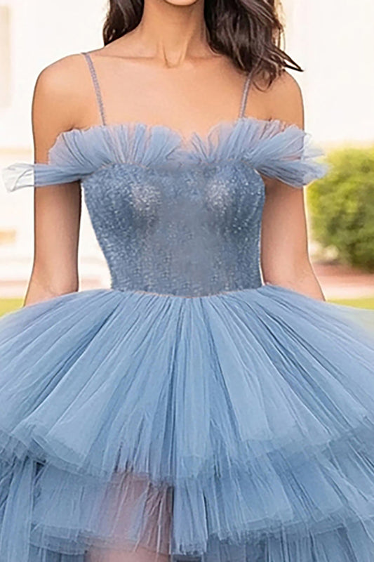 Spaghetti Straps Long Grey Blue Tulle Prom Dress with Slit
