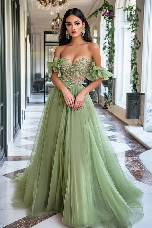 Off the Shoulder Tulle Dusty Sage A Line Long Prom Dress with Appliques