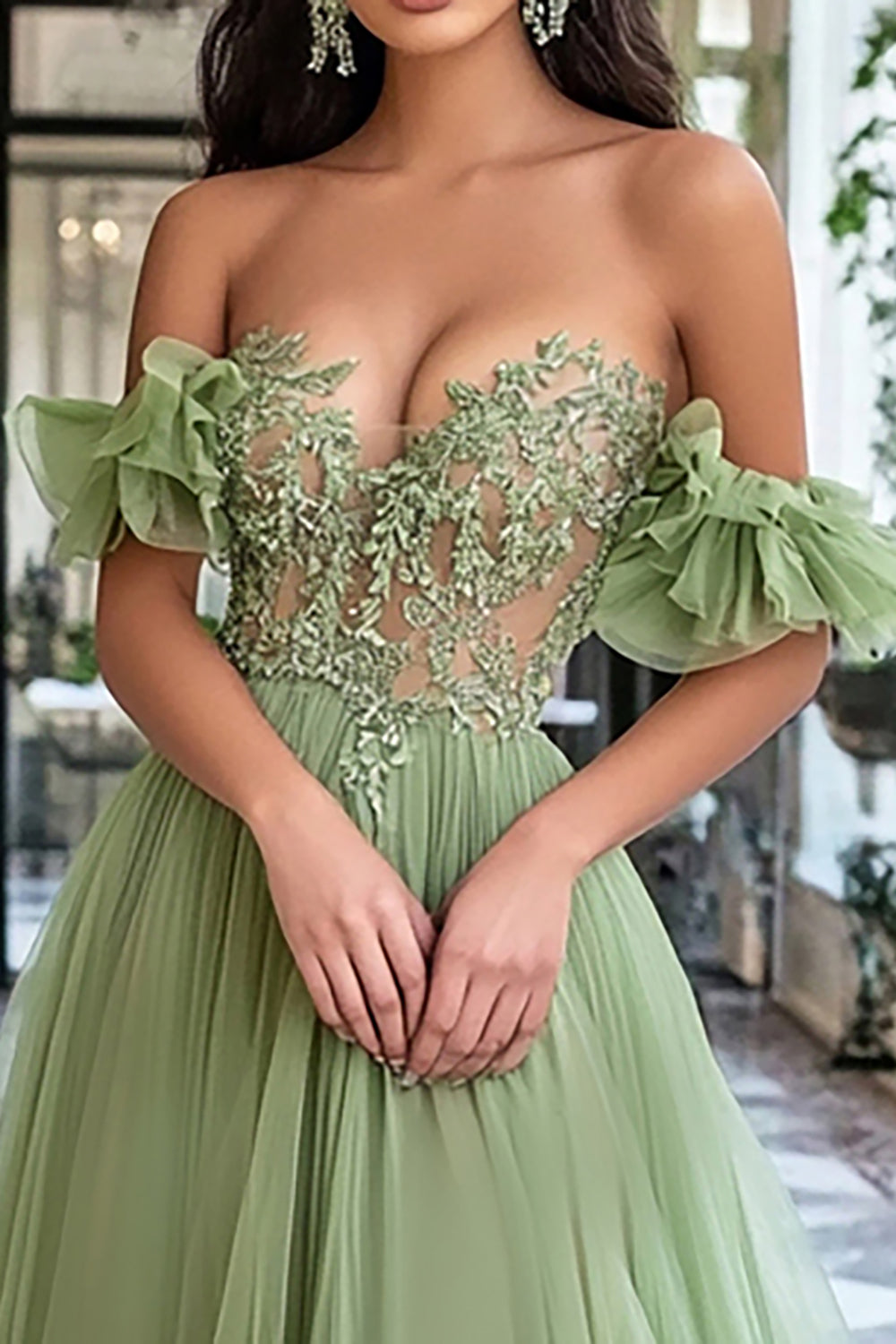 Off the Shoulder Tulle Dusty Sage A Line Long Prom Dress with Appliques Off the Shoulder Tulle Dusty Sage A Line Long Prom Dress with Appliques