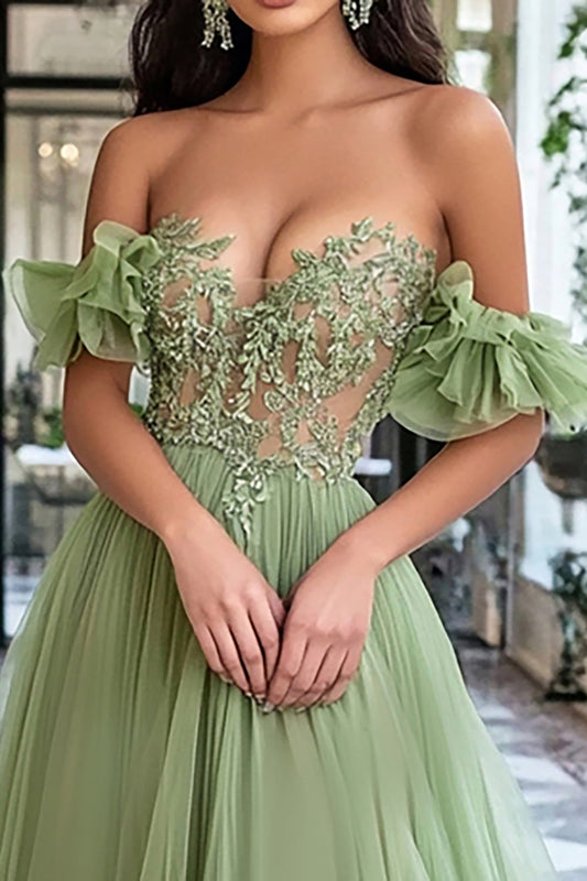 Off the Shoulder Tulle Dusty Sage A Line Long Prom Dress with Appliques