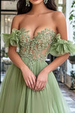 Off the Shoulder Tulle Dusty Sage A Line Long Prom Dress with Appliques Off the Shoulder Tulle Dusty Sage A Line Long Prom Dress with Appliques