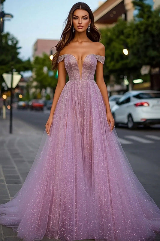Dusty Rose A Line Sparkly Tulle Long Prom Dress with Beading