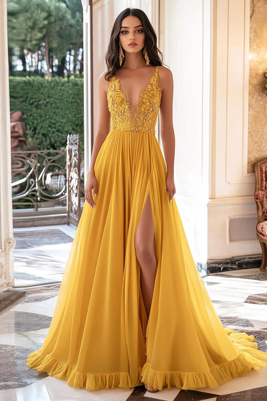 Long Chiffon Yellow V-Neck Prom Dress with Appliques