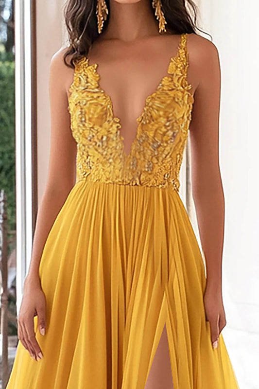 Long Chiffon Yellow V-Neck Prom Dress with Appliques